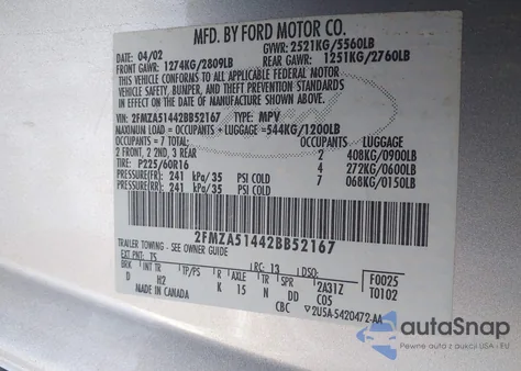 2002 Ford Windstar Lx из США, поврежденный, VIN 2FMZA51442BB52167